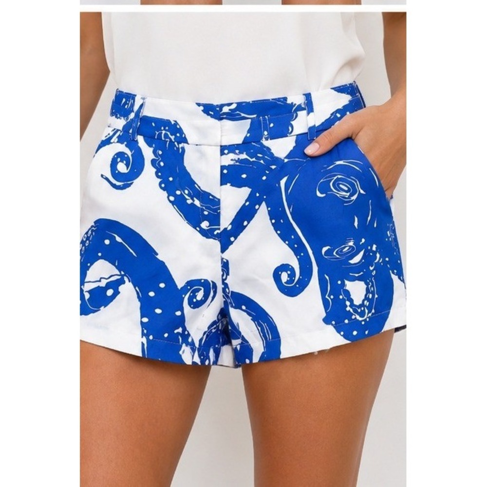 Amanda Uprichard Silk Octopus Print Shorts Blue White Women's L Retails $228